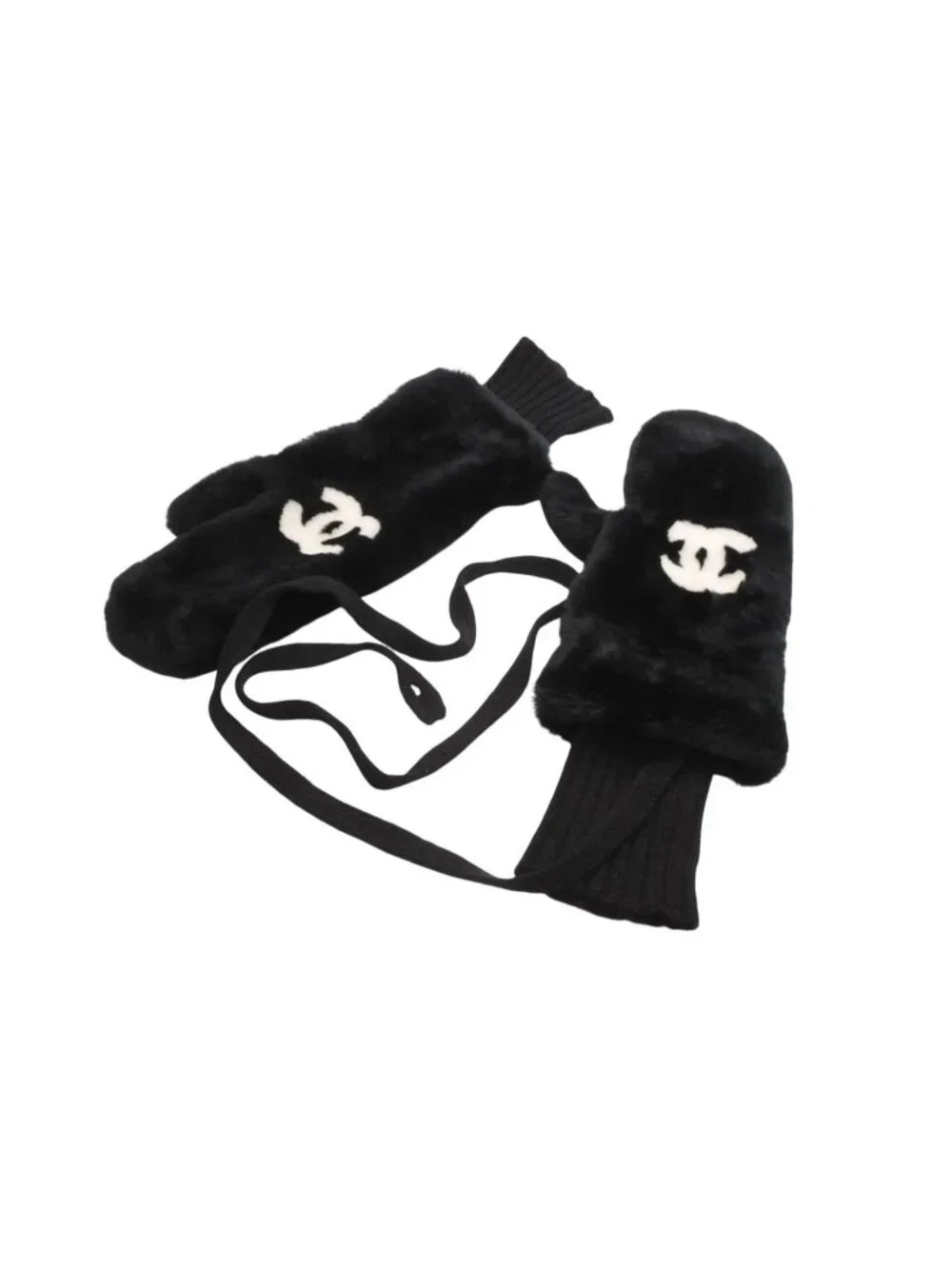 Chanel CC Logo Rabbit Mittens Gloves Black White Fur Lambskin
